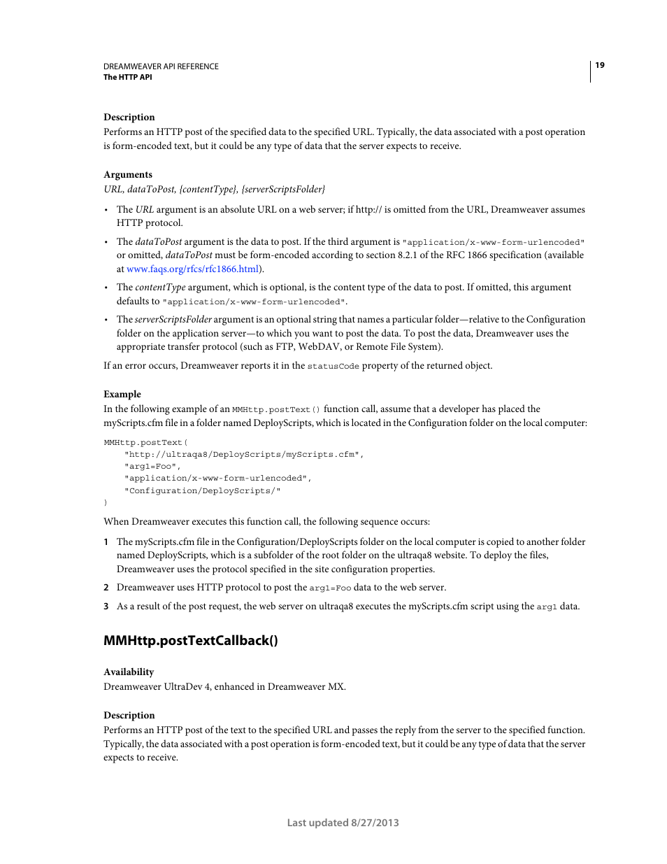 Mmhttp.posttextcallback() | Adobe Dreamweaver API Reference CS5 User Manual | Page 24 / 533