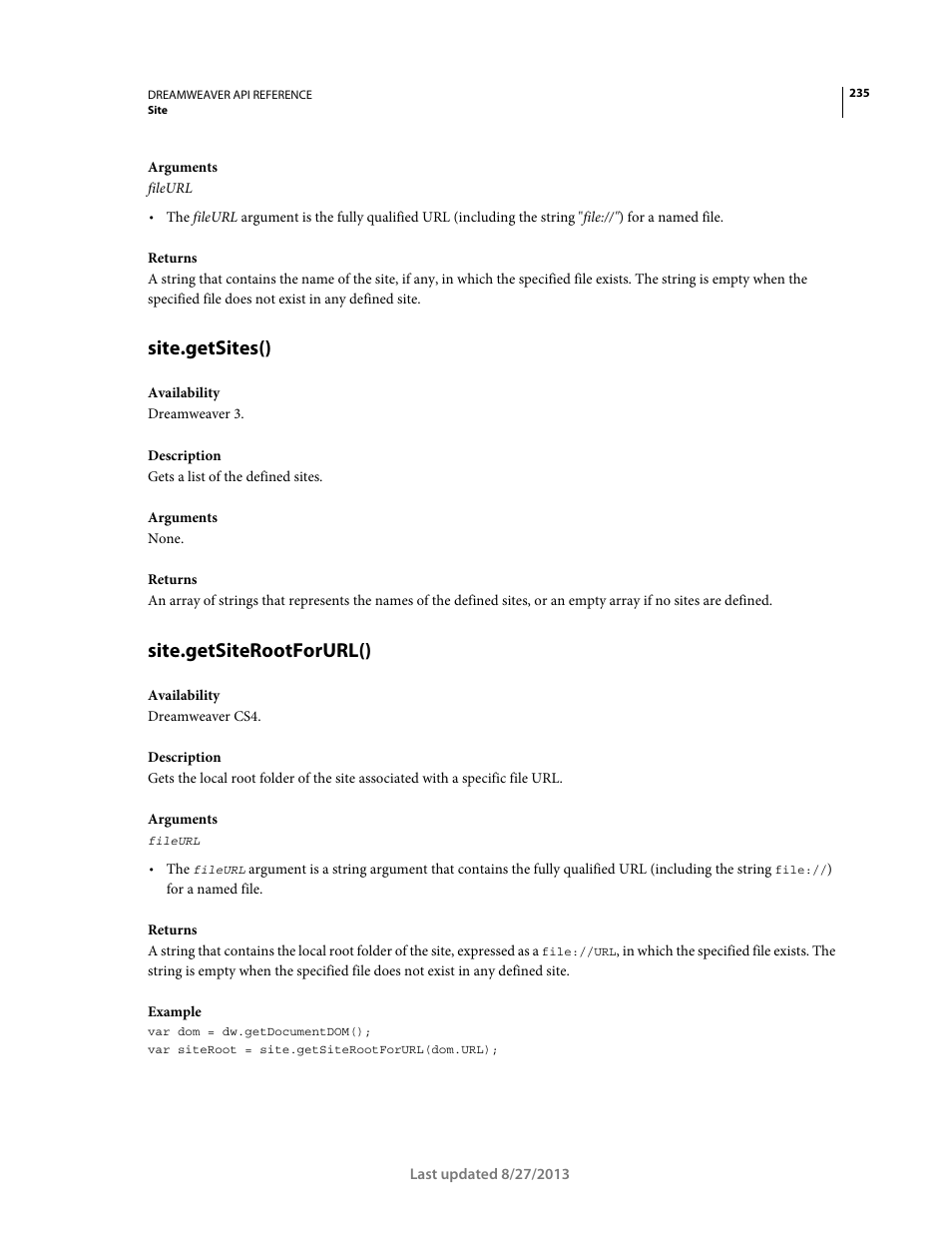 Site.getsites(), Site.getsiterootforurl() | Adobe Dreamweaver API Reference CS5 User Manual | Page 240 / 533