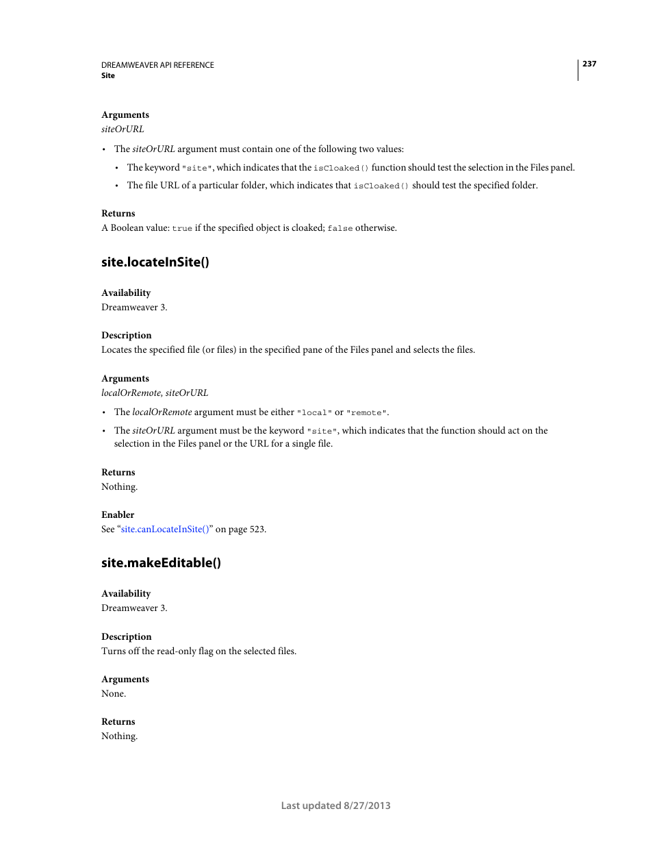 Site.locateinsite(), Site.makeeditable() | Adobe Dreamweaver API Reference CS5 User Manual | Page 242 / 533