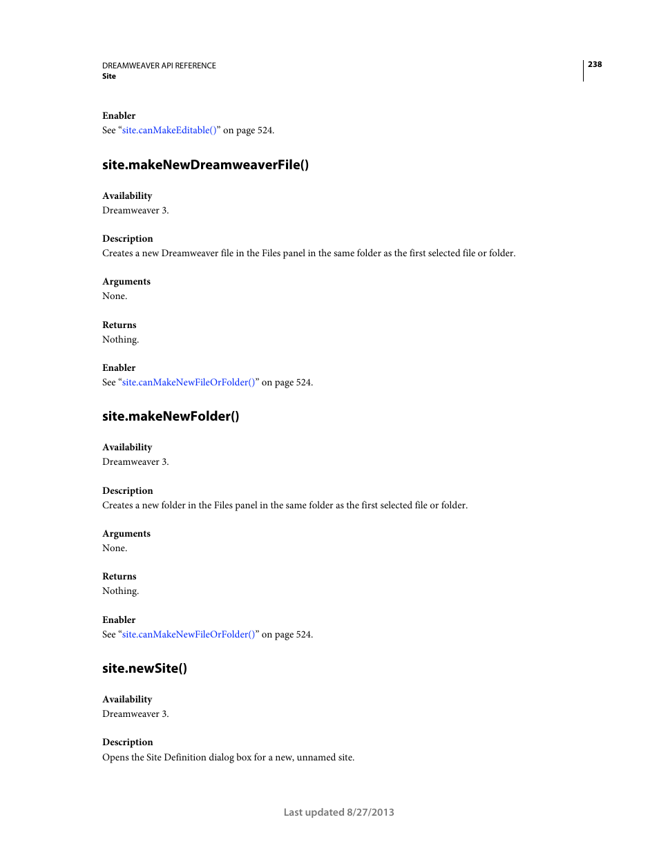 Site.makenewdreamweaverfile(), Site.makenewfolder(), Site.newsite() | Adobe Dreamweaver API Reference CS5 User Manual | Page 243 / 533