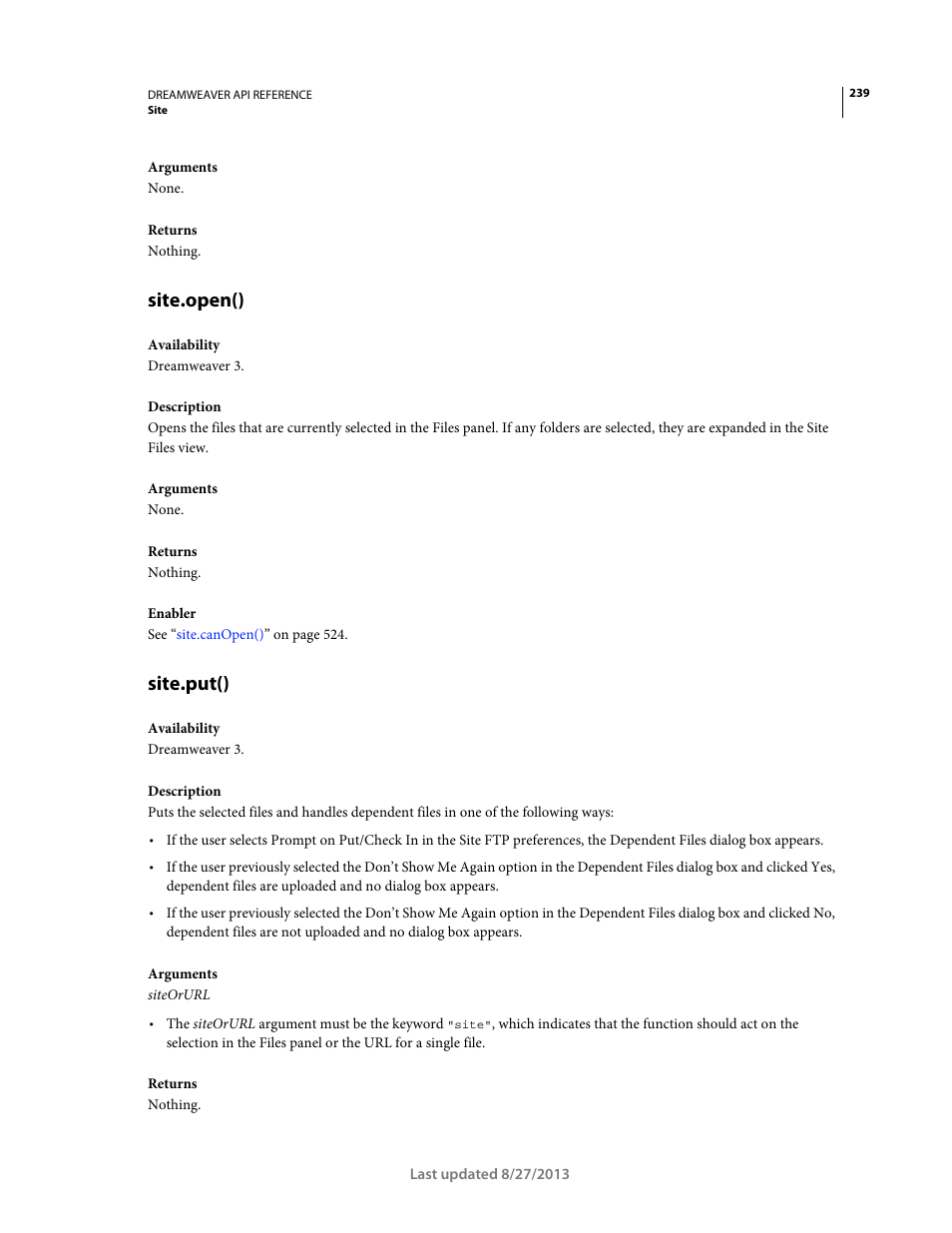 Site.open(), Site.put() | Adobe Dreamweaver API Reference CS5 User Manual | Page 244 / 533