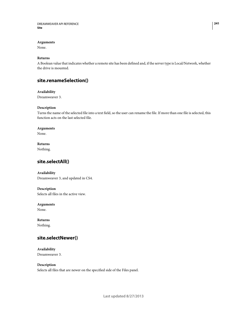 Site.renameselection(), Site.selectall(), Site.selectnewer() | Adobe Dreamweaver API Reference CS5 User Manual | Page 246 / 533