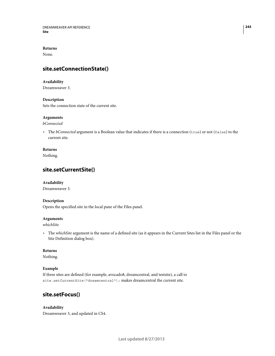 Site.setconnectionstate(), Site.setcurrentsite(), Site.setfocus() | Adobe Dreamweaver API Reference CS5 User Manual | Page 248 / 533