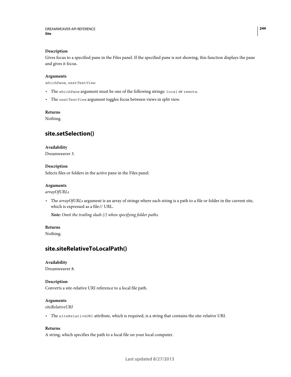 Site.setselection(), Site.siterelativetolocalpath() | Adobe Dreamweaver API Reference CS5 User Manual | Page 249 / 533