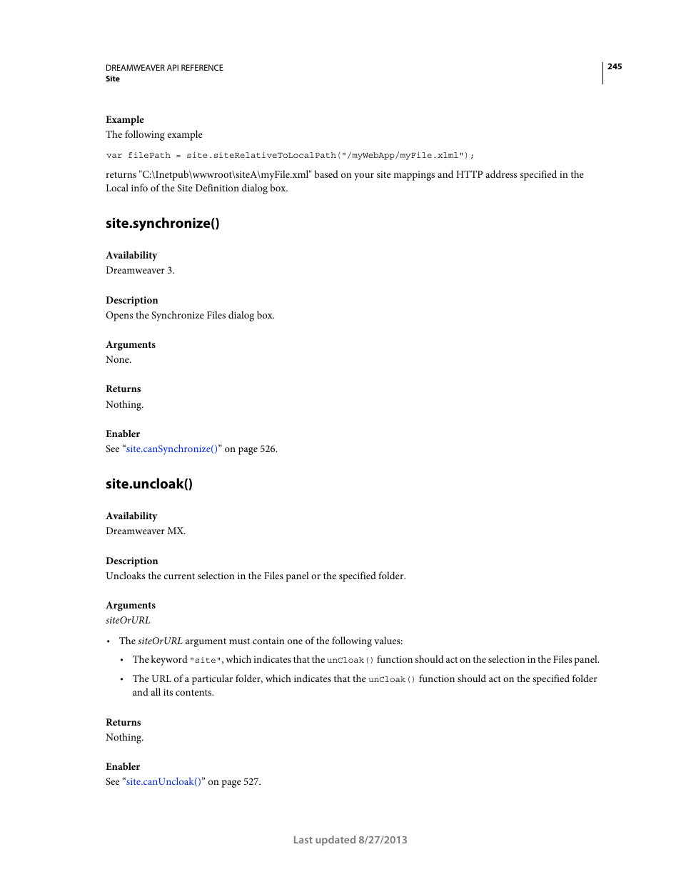 Site.synchronize(), Site.uncloak() | Adobe Dreamweaver API Reference CS5 User Manual | Page 250 / 533