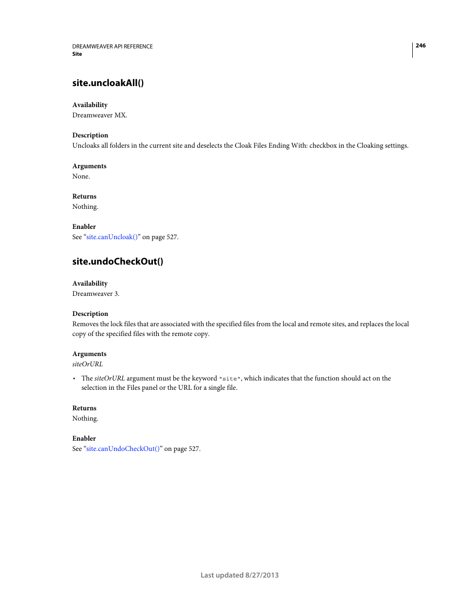 Site.uncloakall(), Site.undocheckout() | Adobe Dreamweaver API Reference CS5 User Manual | Page 251 / 533