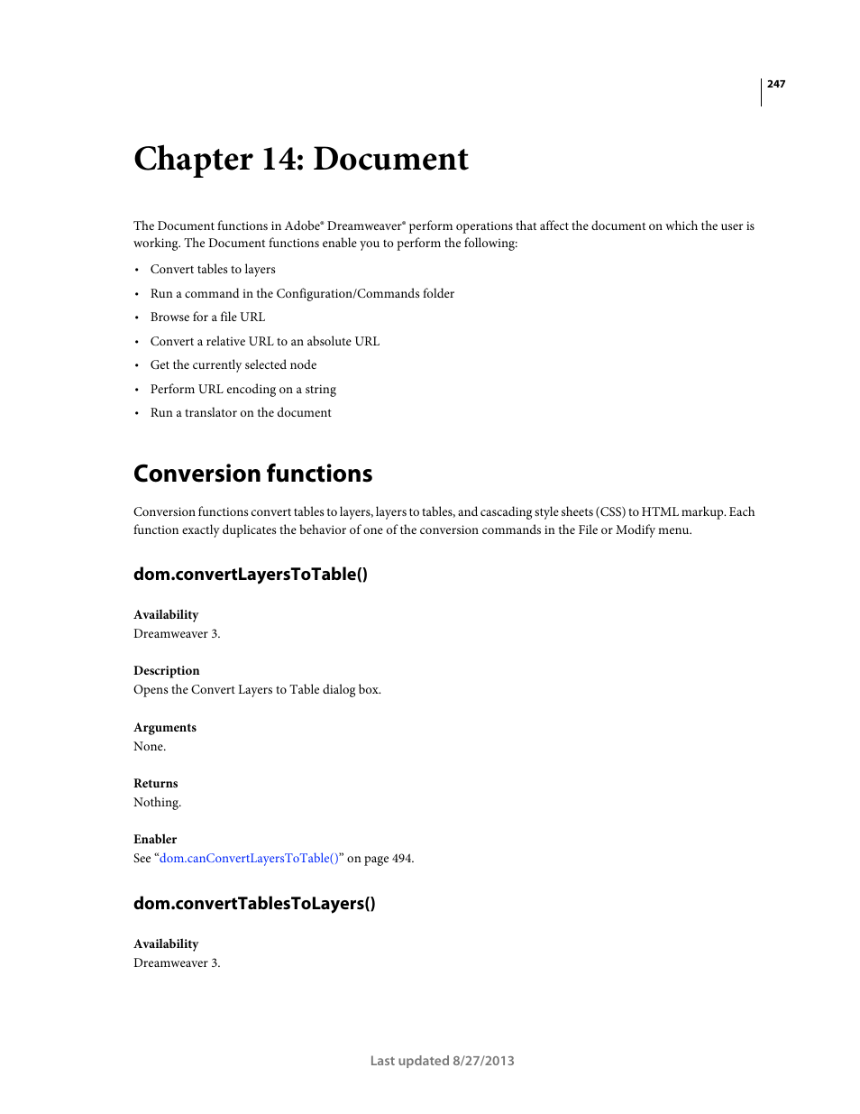 Chapter 14: document, Conversion functions, Dom.convertlayerstotable() | Dom.converttablestolayers() | Adobe Dreamweaver API Reference CS5 User Manual | Page 252 / 533