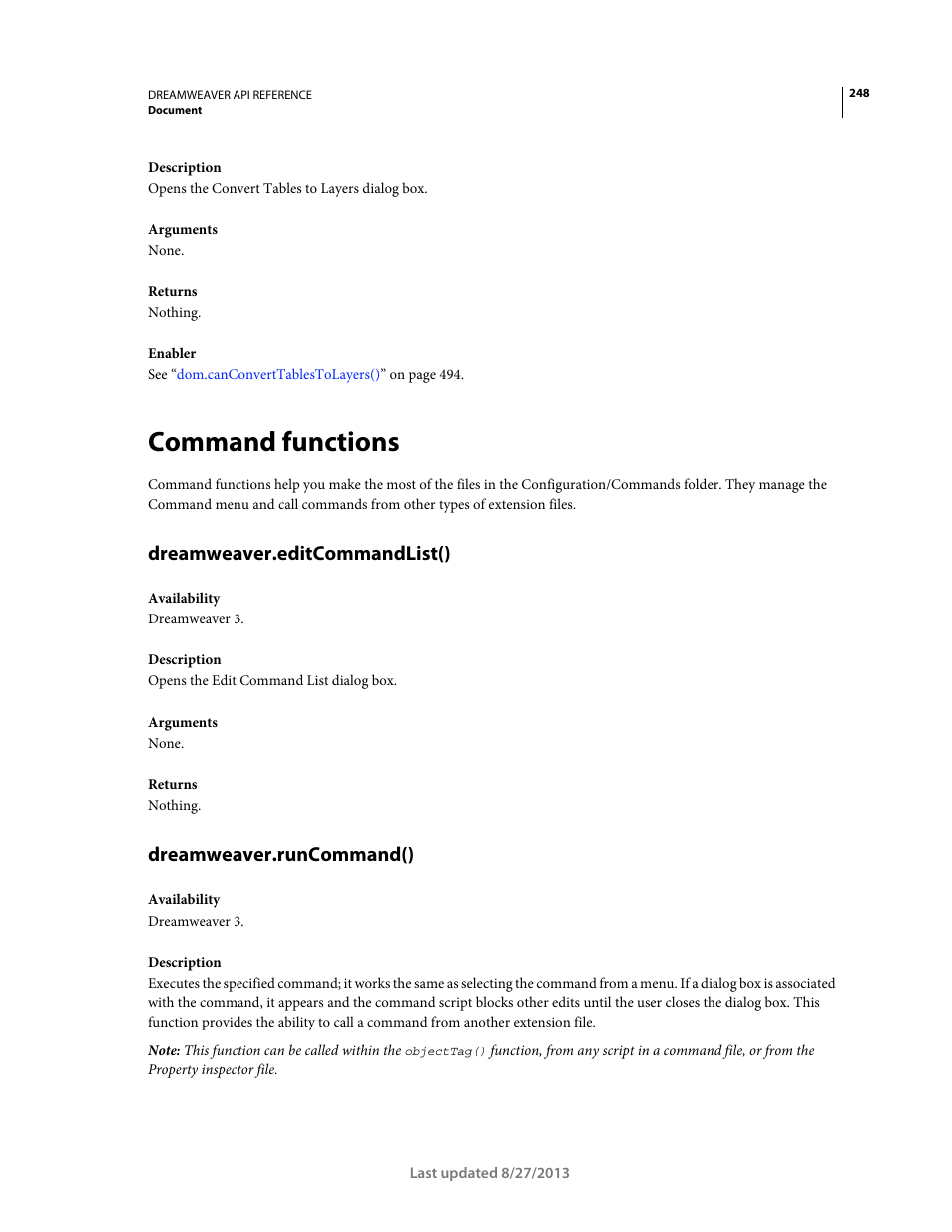 Command functions, Dreamweaver.editcommandlist(), Dreamweaver.runcommand() | Adobe Dreamweaver API Reference CS5 User Manual | Page 253 / 533