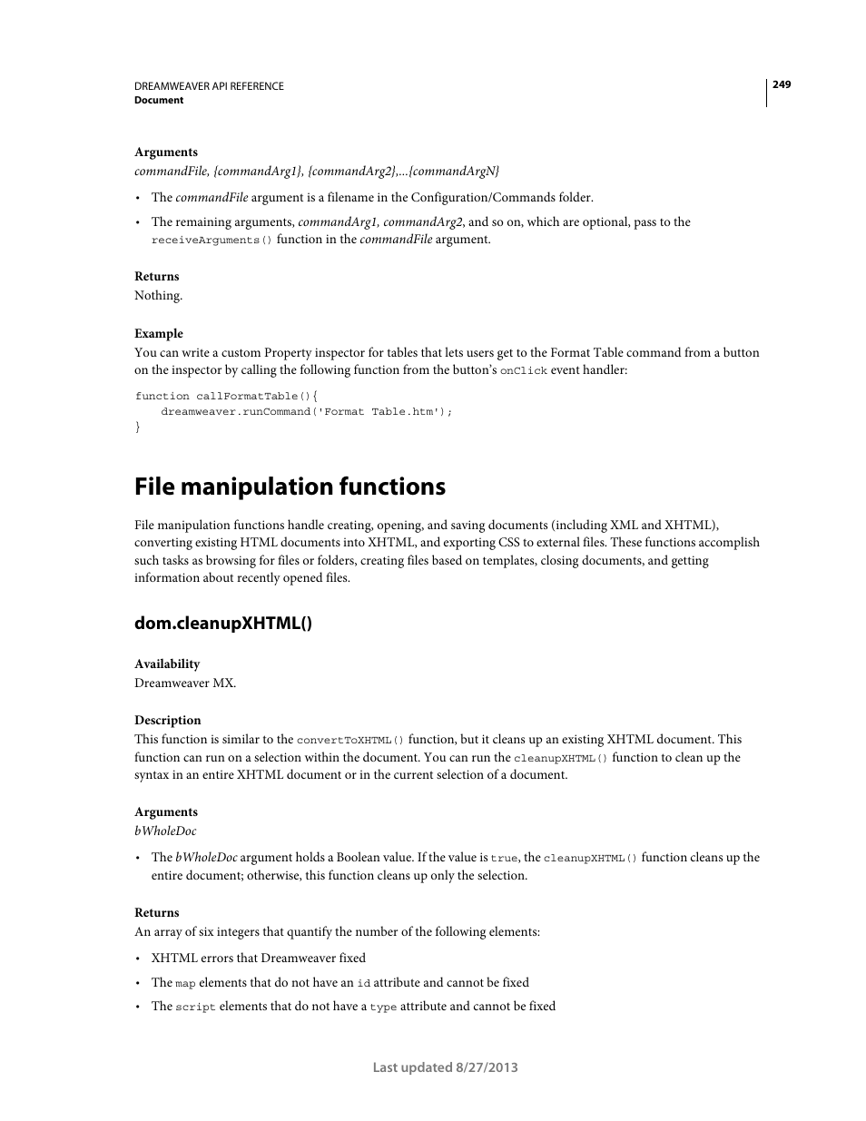 File manipulation functions, Dom.cleanupxhtml() | Adobe Dreamweaver API Reference CS5 User Manual | Page 254 / 533