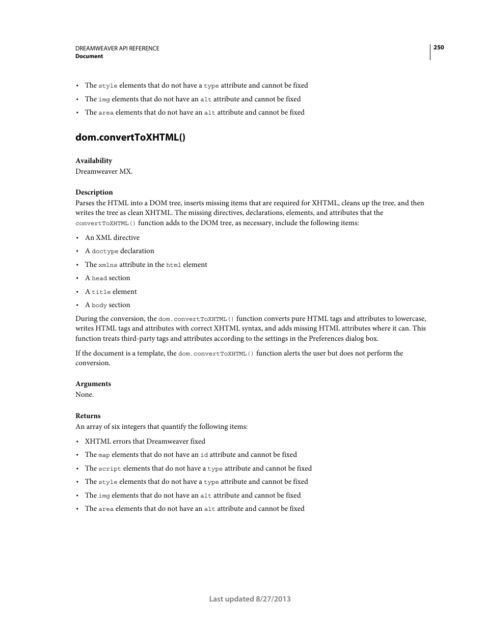 Dom.converttoxhtml() | Adobe Dreamweaver API Reference CS5 User Manual | Page 255 / 533