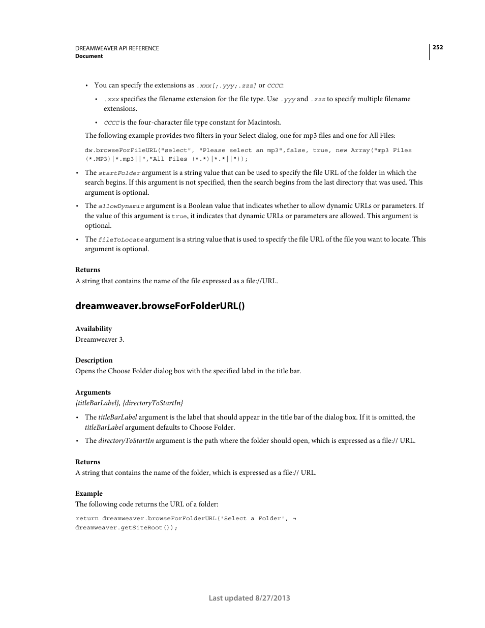 Dreamweaver.browseforfolderurl() | Adobe Dreamweaver API Reference CS5 User Manual | Page 257 / 533