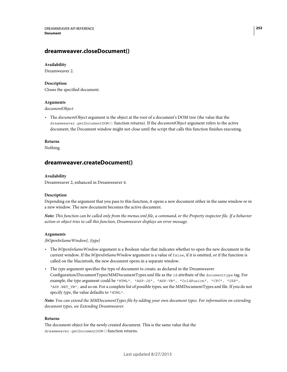 Dreamweaver.closedocument(), Dreamweaver.createdocument() | Adobe Dreamweaver API Reference CS5 User Manual | Page 258 / 533