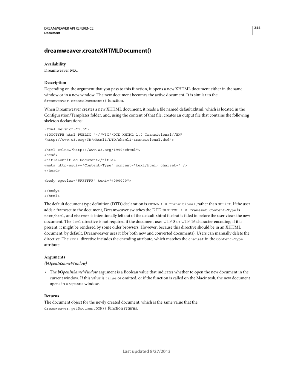 Dreamweaver.createxhtmldocument() | Adobe Dreamweaver API Reference CS5 User Manual | Page 259 / 533