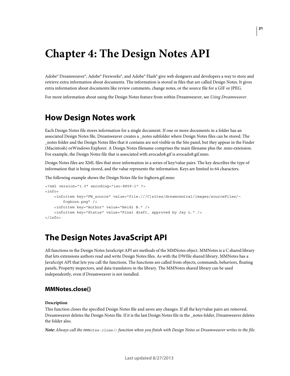 Chapter 4: the design notes api, How design notes work, The design notes javascript api | Mmnotes.close() | Adobe Dreamweaver API Reference CS5 User Manual | Page 26 / 533