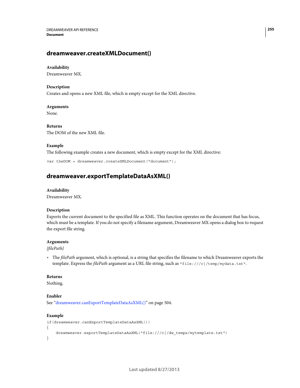 Dreamweaver.createxmldocument(), Dreamweaver.exporttemplatedataasxml() | Adobe Dreamweaver API Reference CS5 User Manual | Page 260 / 533