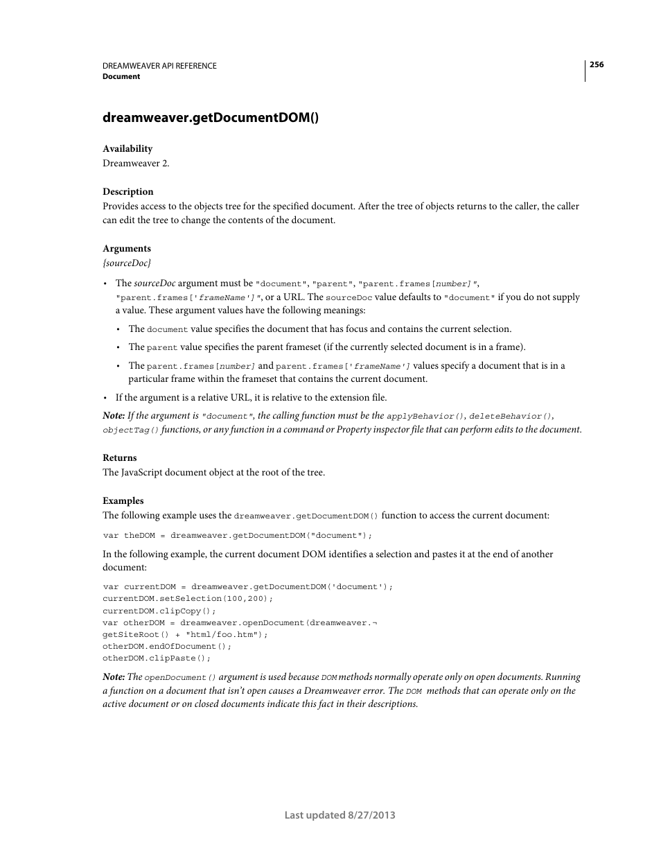 Dreamweaver.getdocumentdom() | Adobe Dreamweaver API Reference CS5 User Manual | Page 261 / 533