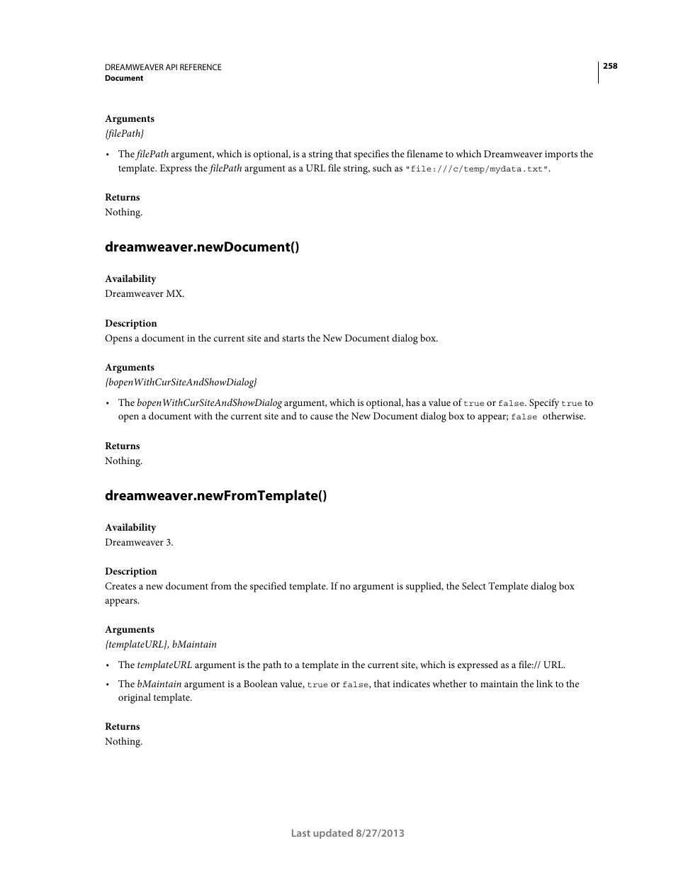 Dreamweaver.newdocument(), Dreamweaver.newfromtemplate() | Adobe Dreamweaver API Reference CS5 User Manual | Page 263 / 533