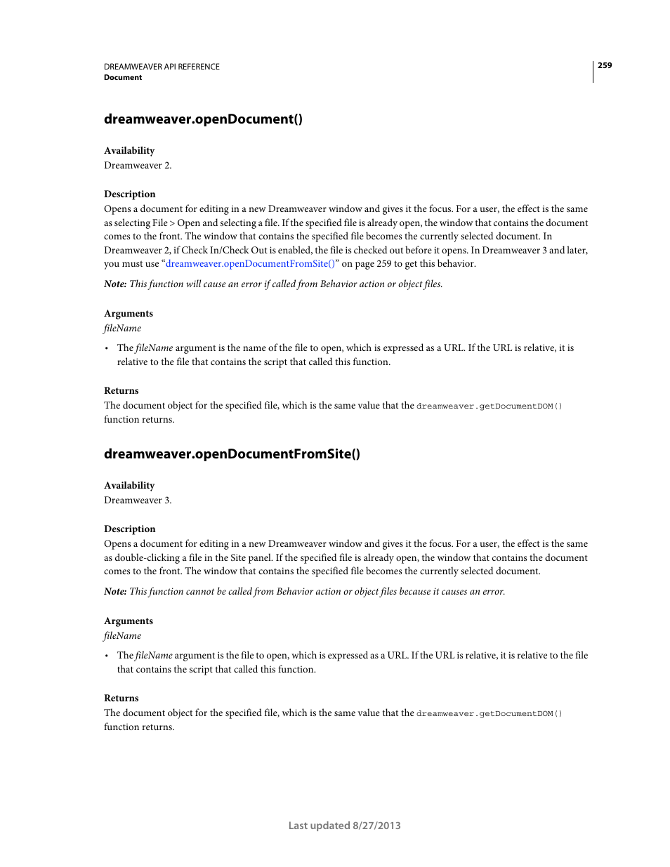 Dreamweaver.opendocument(), Dreamweaver.opendocumentfromsite() | Adobe Dreamweaver API Reference CS5 User Manual | Page 264 / 533