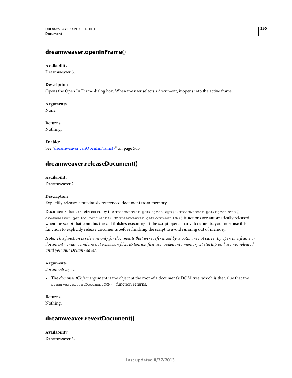 Dreamweaver.openinframe(), Dreamweaver.releasedocument(), Dreamweaver.revertdocument() | Adobe Dreamweaver API Reference CS5 User Manual | Page 265 / 533