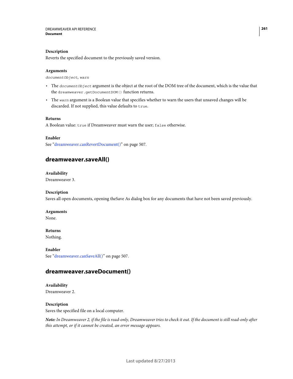 Dreamweaver.saveall(), Dreamweaver.savedocument() | Adobe Dreamweaver API Reference CS5 User Manual | Page 266 / 533