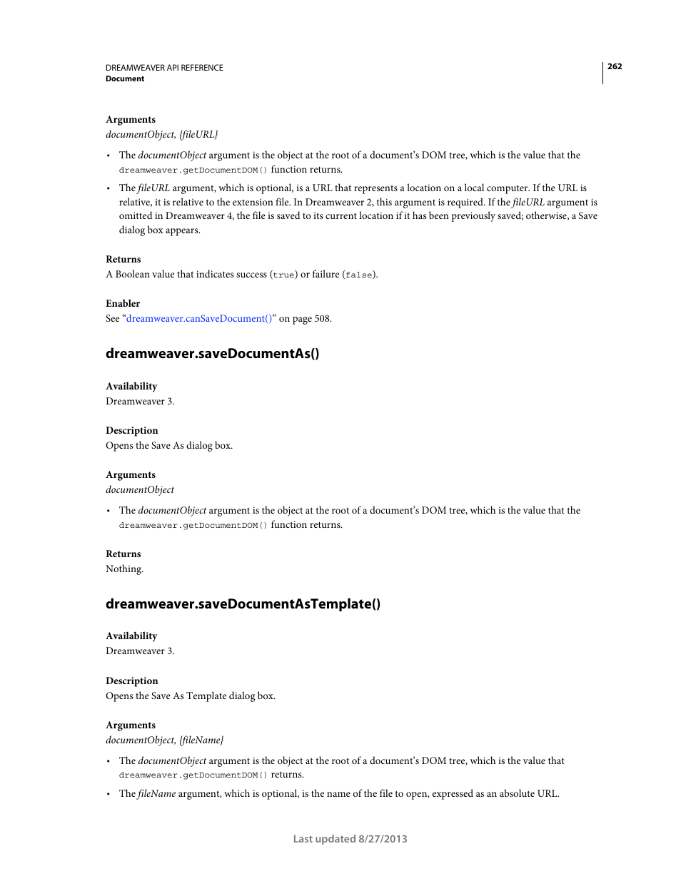 Dreamweaver.savedocumentas(), Dreamweaver.savedocumentastemplate() | Adobe Dreamweaver API Reference CS5 User Manual | Page 267 / 533