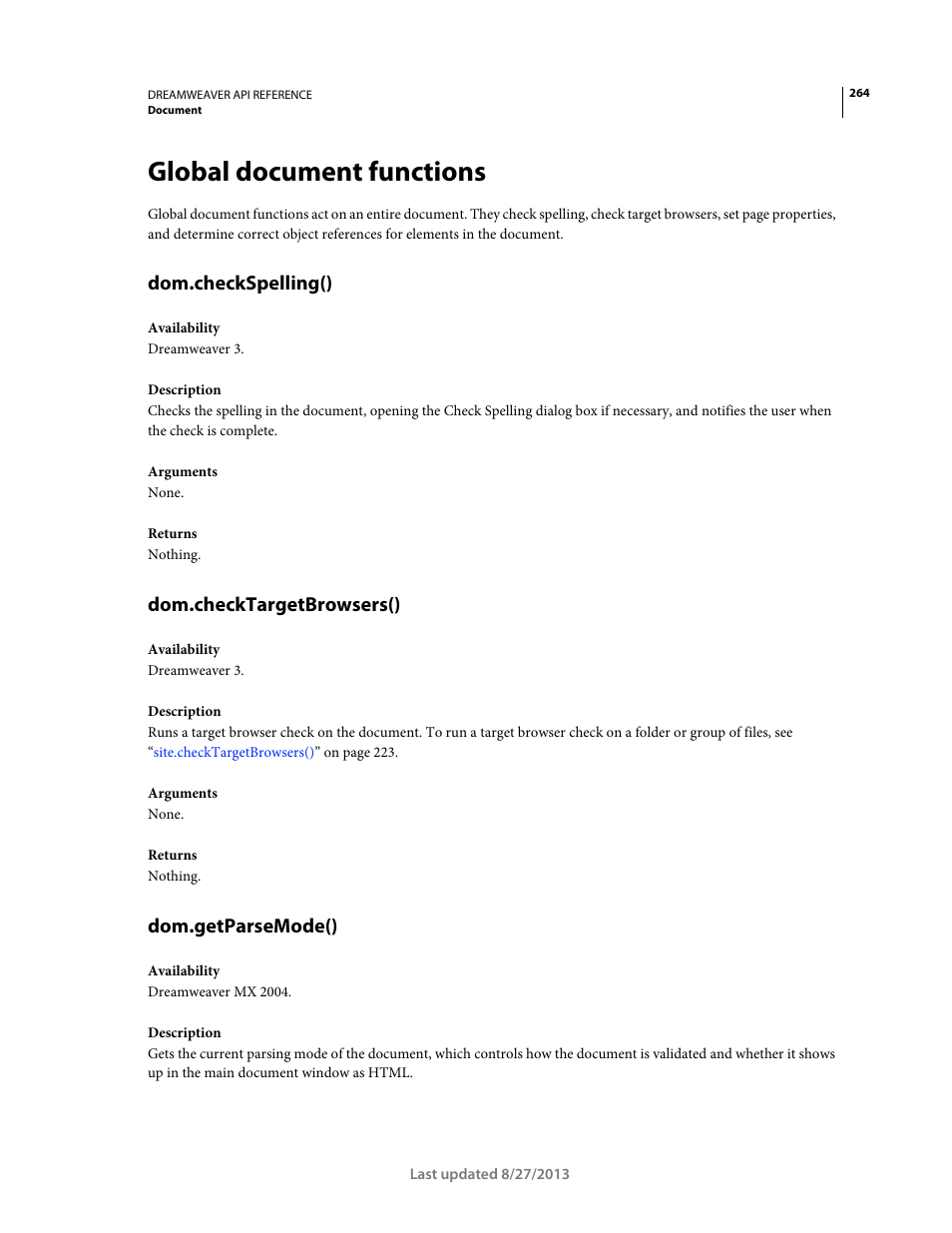 Global document functions, Dom.checkspelling(), Dom.checktargetbrowsers() | Dom.getparsemode() | Adobe Dreamweaver API Reference CS5 User Manual | Page 269 / 533
