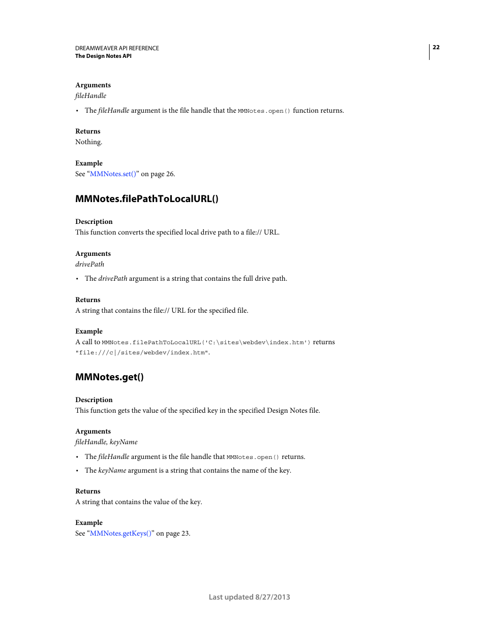 Mmnotes.filepathtolocalurl(), Mmnotes.get() | Adobe Dreamweaver API Reference CS5 User Manual | Page 27 / 533