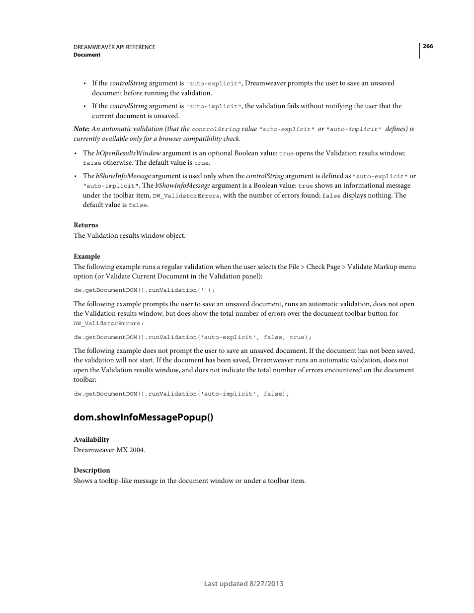 Dom.showinfomessagepopup() | Adobe Dreamweaver API Reference CS5 User Manual | Page 271 / 533