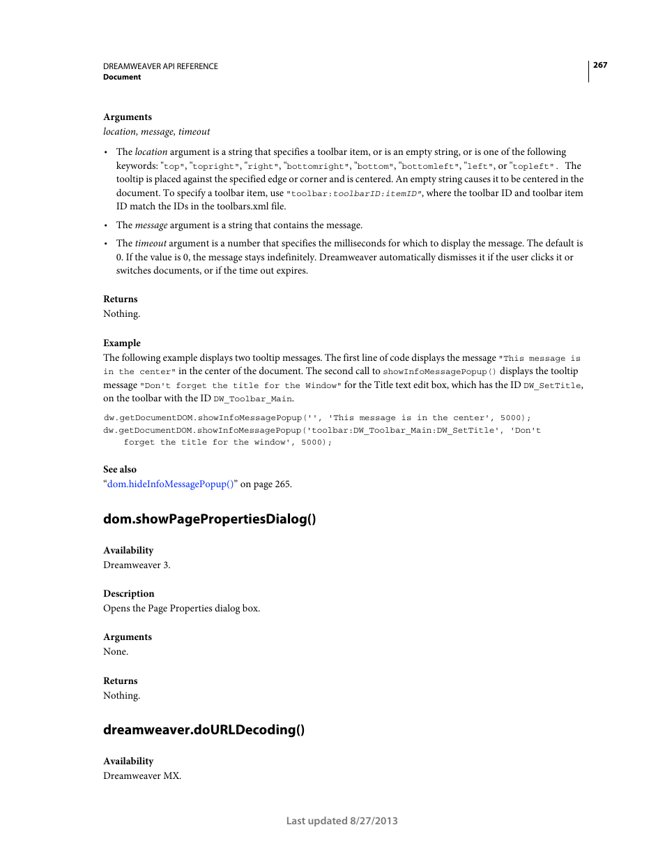 Dreamweaver.dourldecoding(), Dom.showpagepropertiesdialog() | Adobe Dreamweaver API Reference CS5 User Manual | Page 272 / 533