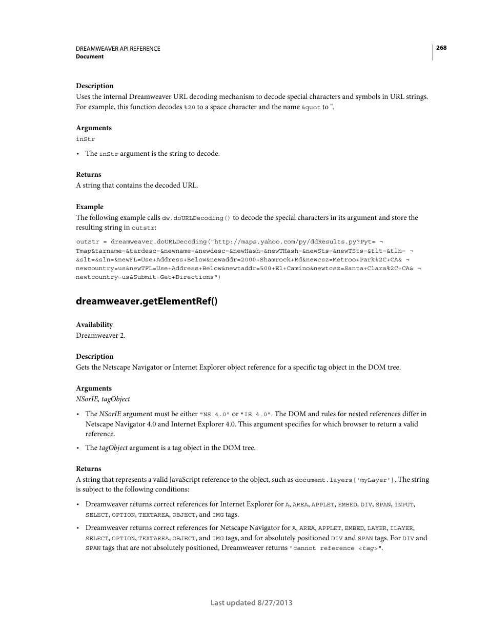 Dreamweaver.getelementref() | Adobe Dreamweaver API Reference CS5 User Manual | Page 273 / 533