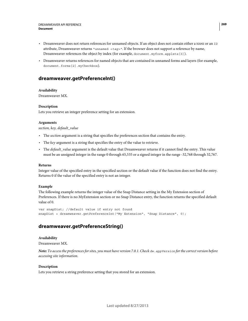 Dreamweaver.getpreferenceint(), Dreamweaver.getpreferencestring() | Adobe Dreamweaver API Reference CS5 User Manual | Page 274 / 533