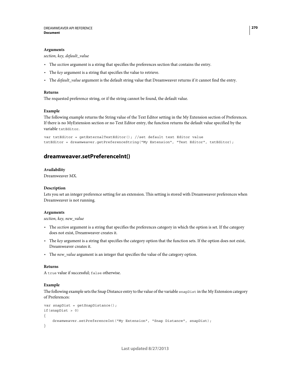 Dreamweaver.setpreferenceint() | Adobe Dreamweaver API Reference CS5 User Manual | Page 275 / 533