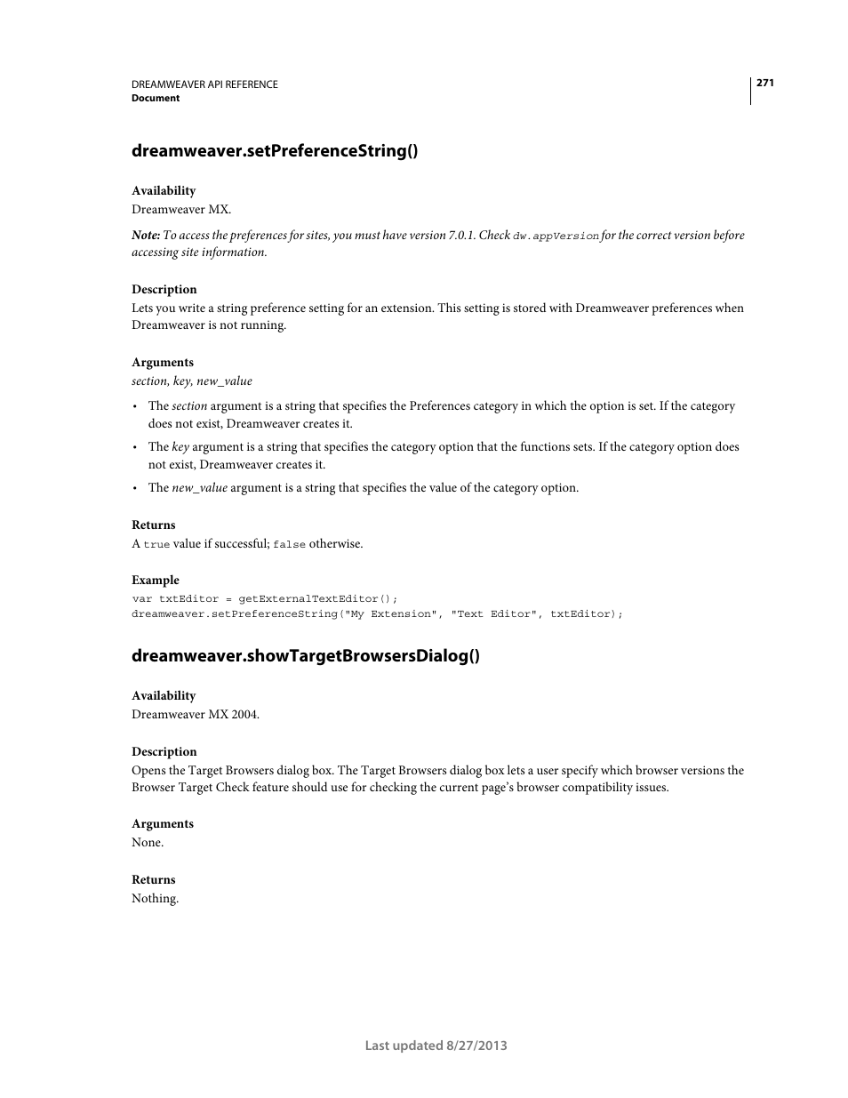 Dreamweaver.setpreferencestring(), Dreamweaver.showtargetbrowsersdialog() | Adobe Dreamweaver API Reference CS5 User Manual | Page 276 / 533