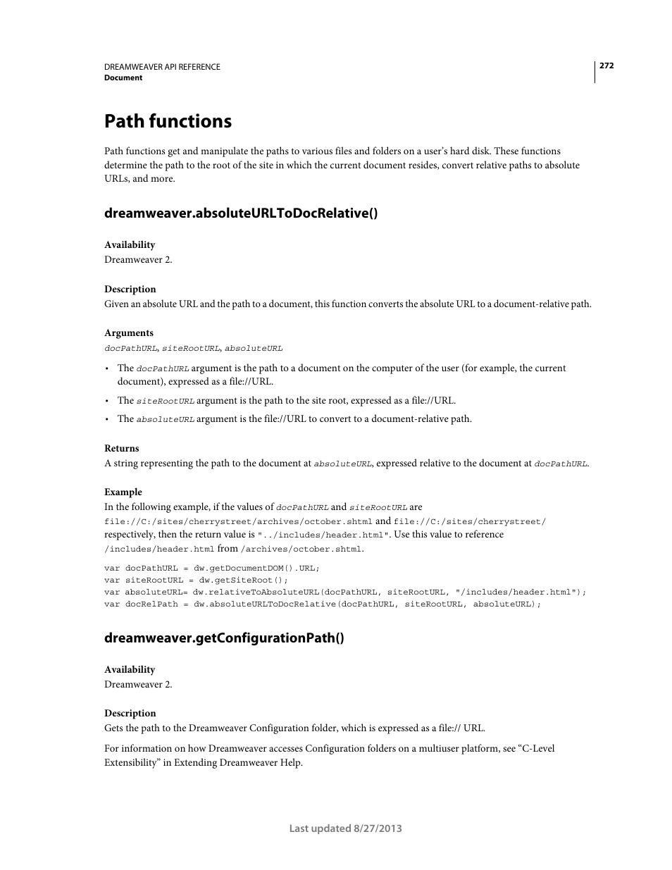 Path functions, Dreamweaver.absoluteurltodocrelative(), Dreamweaver.getconfigurationpath() | Adobe Dreamweaver API Reference CS5 User Manual | Page 277 / 533