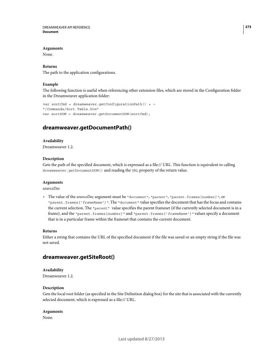 Dreamweaver.getdocumentpath(), Dreamweaver.getsiteroot() | Adobe Dreamweaver API Reference CS5 User Manual | Page 278 / 533