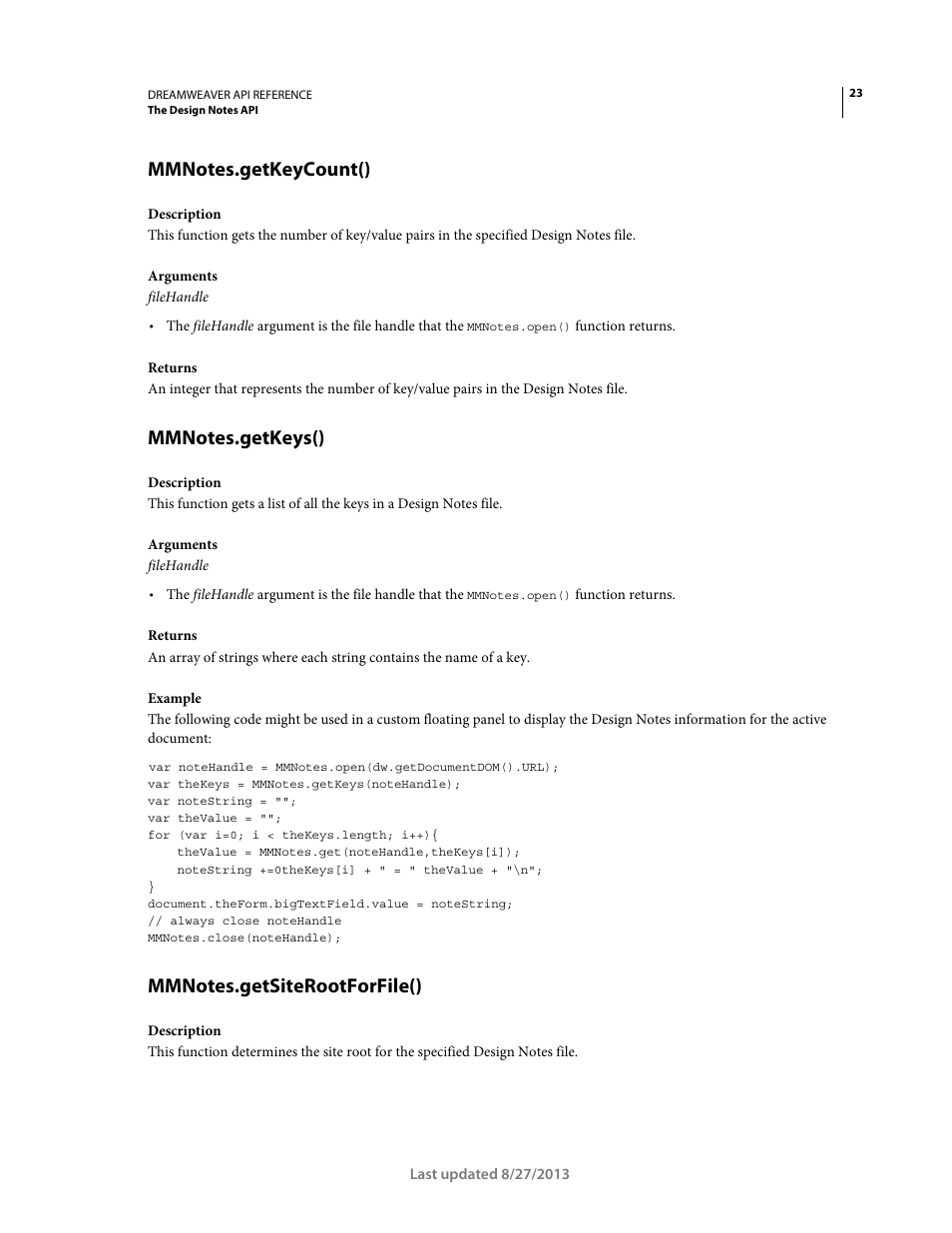 Mmnotes.getkeycount(), Mmnotes.getkeys(), Mmnotes.getsiterootforfile() | Adobe Dreamweaver API Reference CS5 User Manual | Page 28 / 533