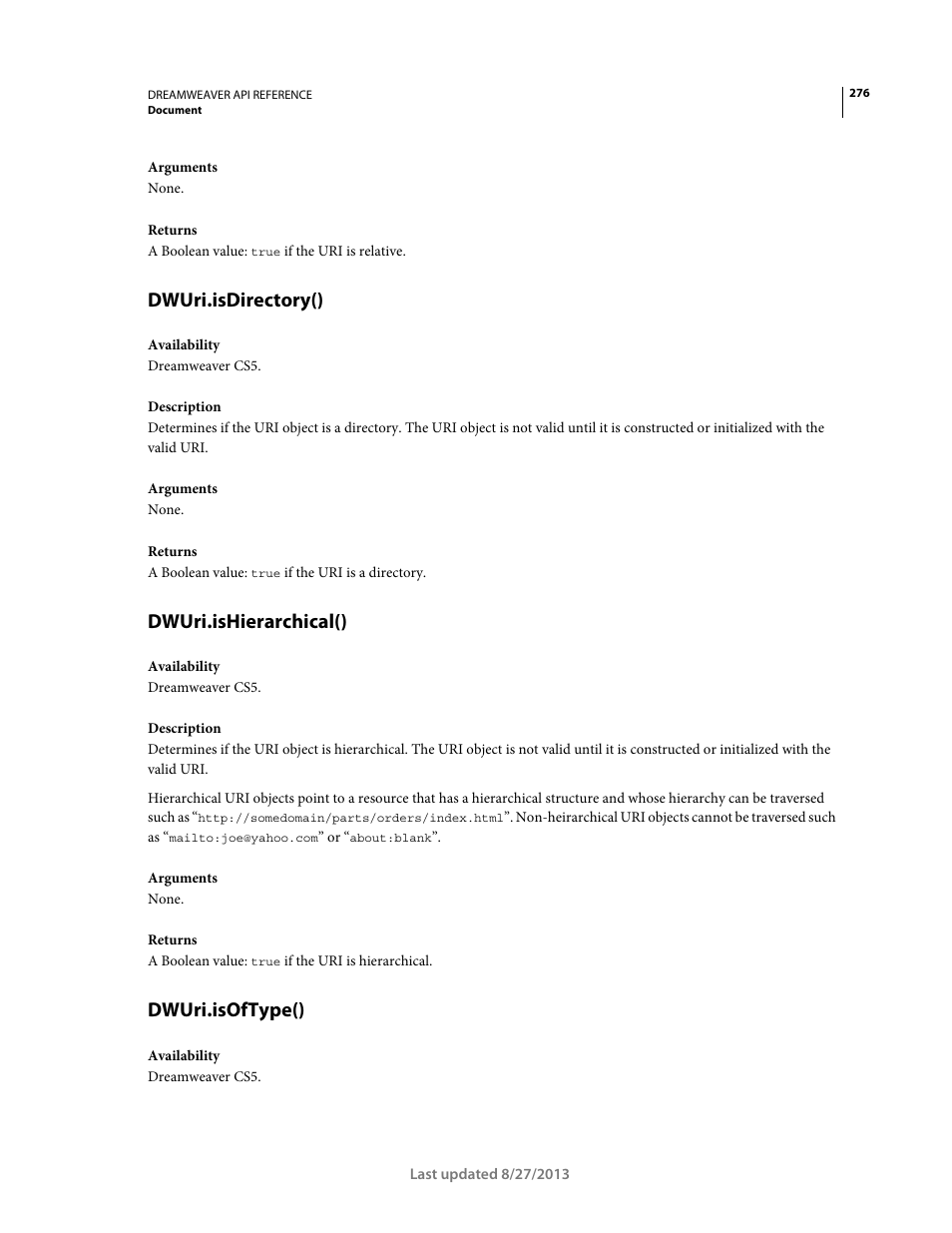 Dwuri.isdirectory(), Dwuri.ishierarchical(), Dwuri.isoftype() | Adobe Dreamweaver API Reference CS5 User Manual | Page 281 / 533