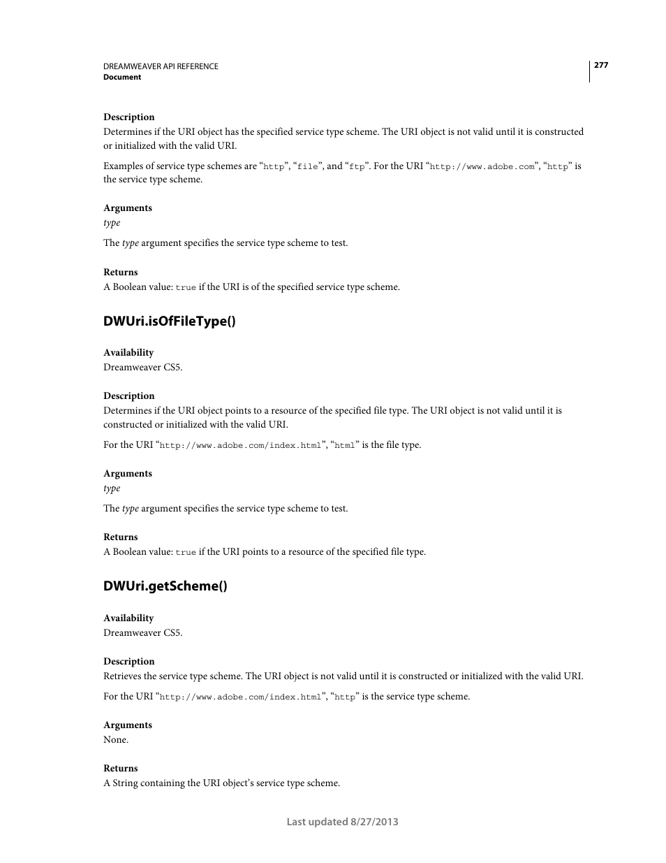 Dwuri.isoffiletype(), Dwuri.getscheme() | Adobe Dreamweaver API Reference CS5 User Manual | Page 282 / 533