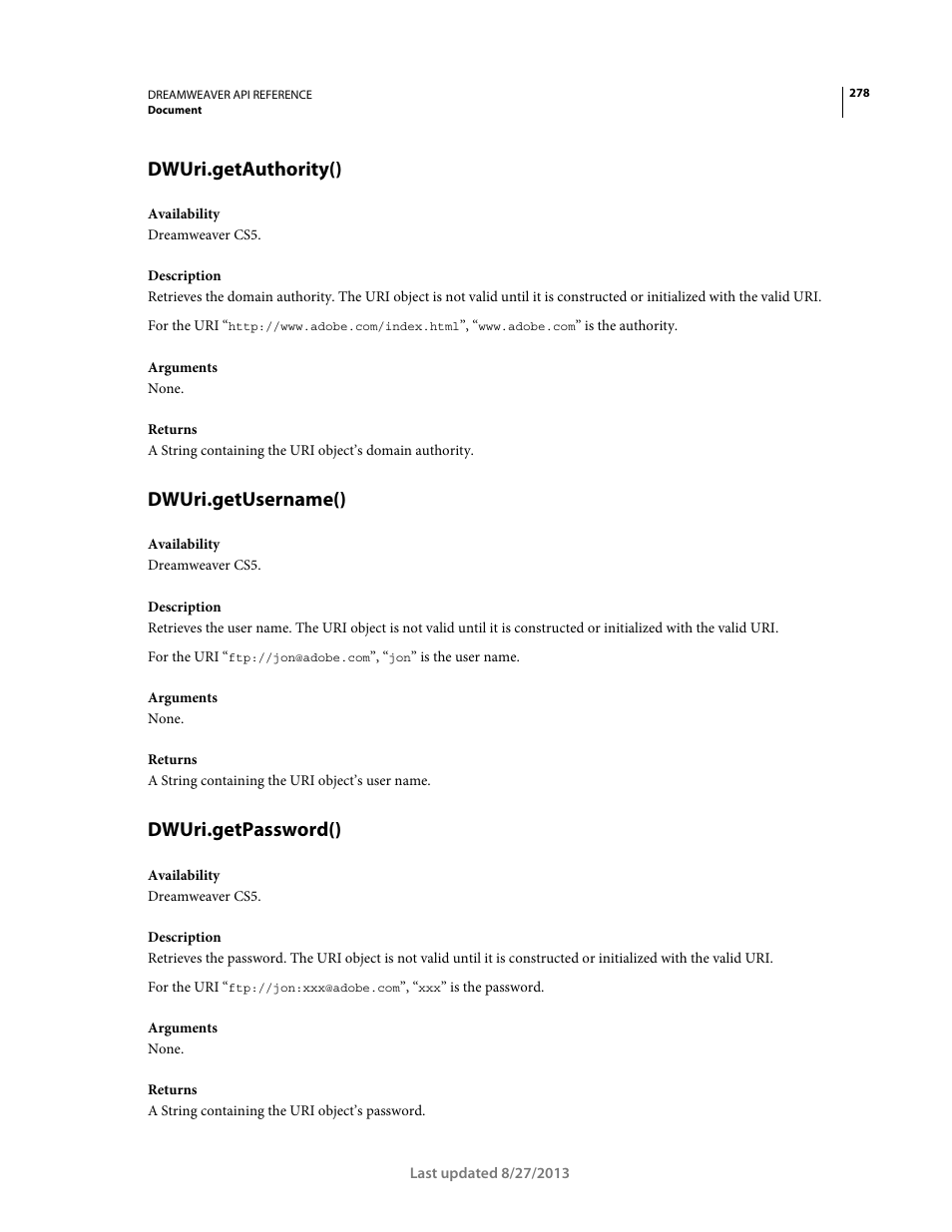 Dwuri.getauthority(), Dwuri.getusername(), Dwuri.getpassword() | Adobe Dreamweaver API Reference CS5 User Manual | Page 283 / 533