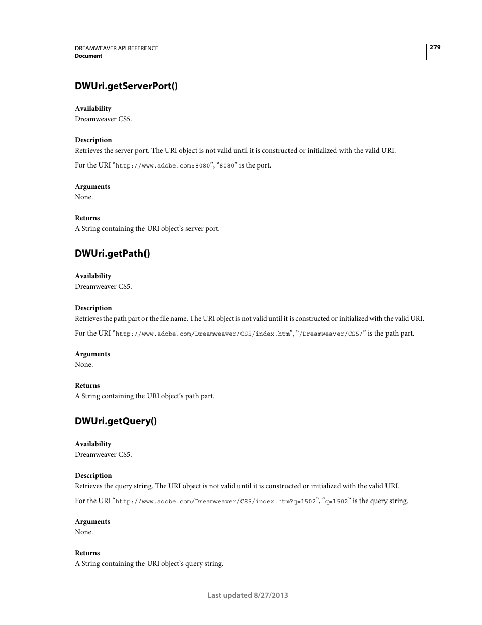 Dwuri.getserverport(), Dwuri.getpath(), Dwuri.getquery() | Adobe Dreamweaver API Reference CS5 User Manual | Page 284 / 533