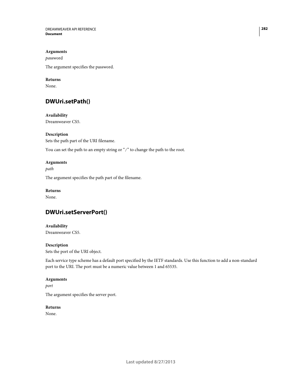 Dwuri.setpath(), Dwuri.setserverport() | Adobe Dreamweaver API Reference CS5 User Manual | Page 287 / 533