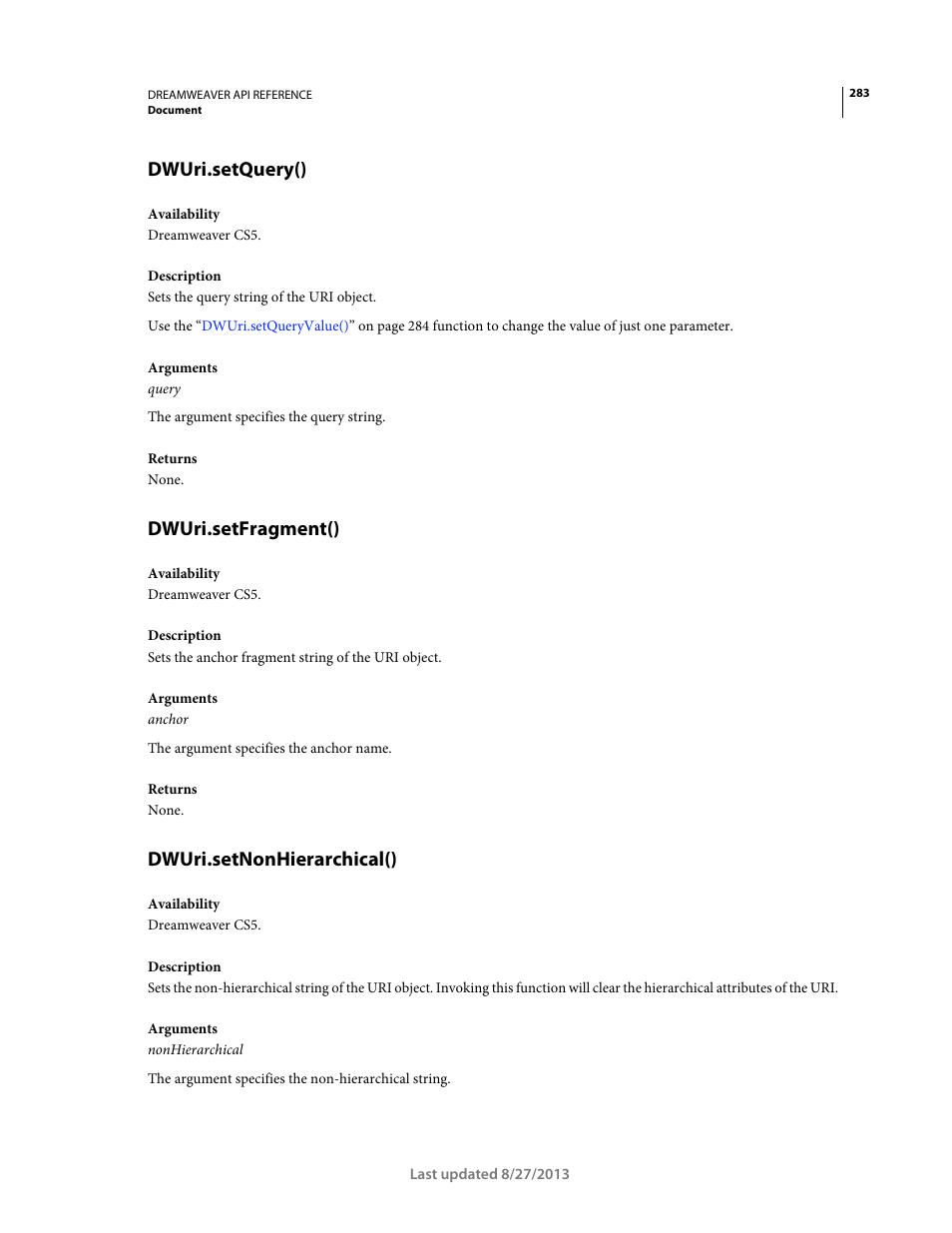 Dwuri.setquery(), Dwuri.setfragment(), Dwuri.setnonhierarchical() | Adobe Dreamweaver API Reference CS5 User Manual | Page 288 / 533