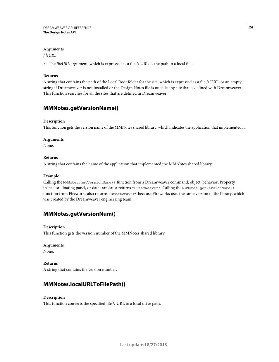 Mmnotes.getversionname(), Mmnotes.getversionnum(), Mmnotes.localurltofilepath() | Adobe Dreamweaver API Reference CS5 User Manual | Page 29 / 533