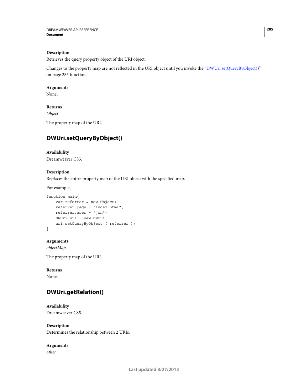 Dwuri.setquerybyobject(), Dwuri.getrelation() | Adobe Dreamweaver API Reference CS5 User Manual | Page 290 / 533