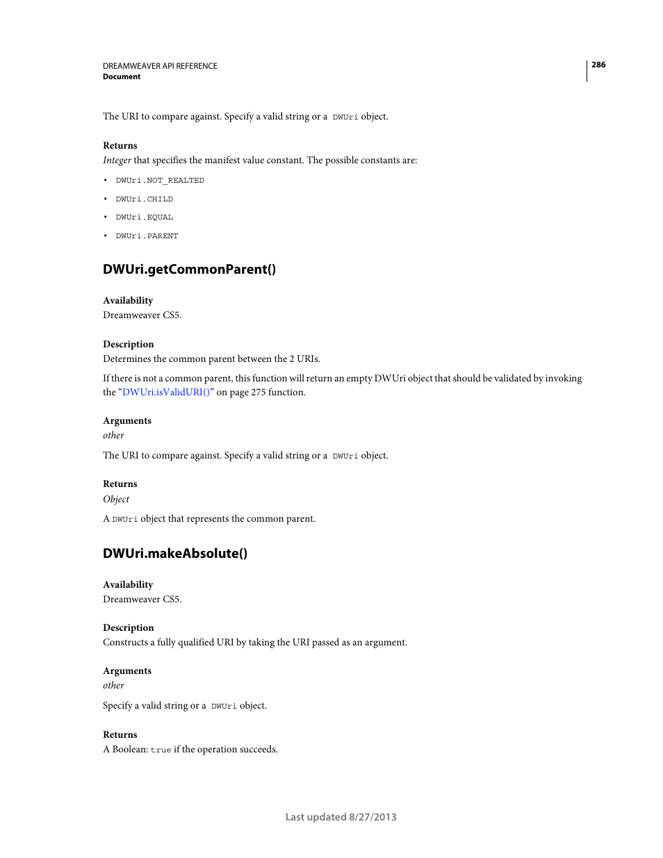 Dwuri.getcommonparent(), Dwuri.makeabsolute() | Adobe Dreamweaver API Reference CS5 User Manual | Page 291 / 533