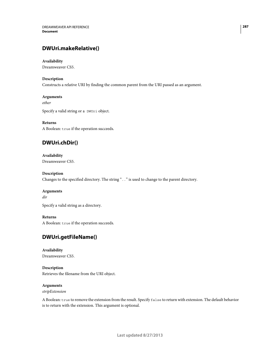 Dwuri.makerelative(), Dwuri.chdir(), Dwuri.getfilename() | Adobe Dreamweaver API Reference CS5 User Manual | Page 292 / 533