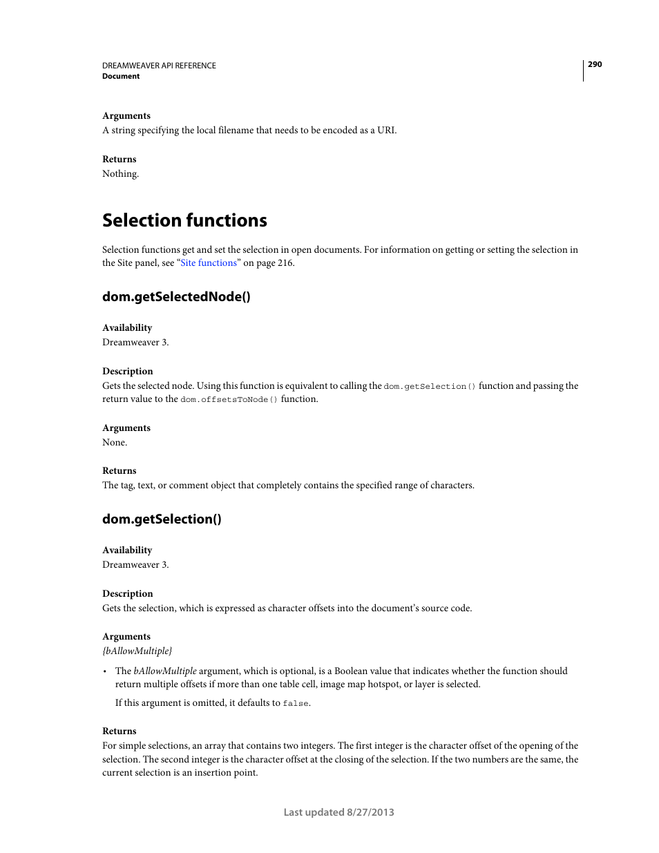 Selection functions, Dom.getselectednode(), Dom.getselection() | Adobe Dreamweaver API Reference CS5 User Manual | Page 295 / 533