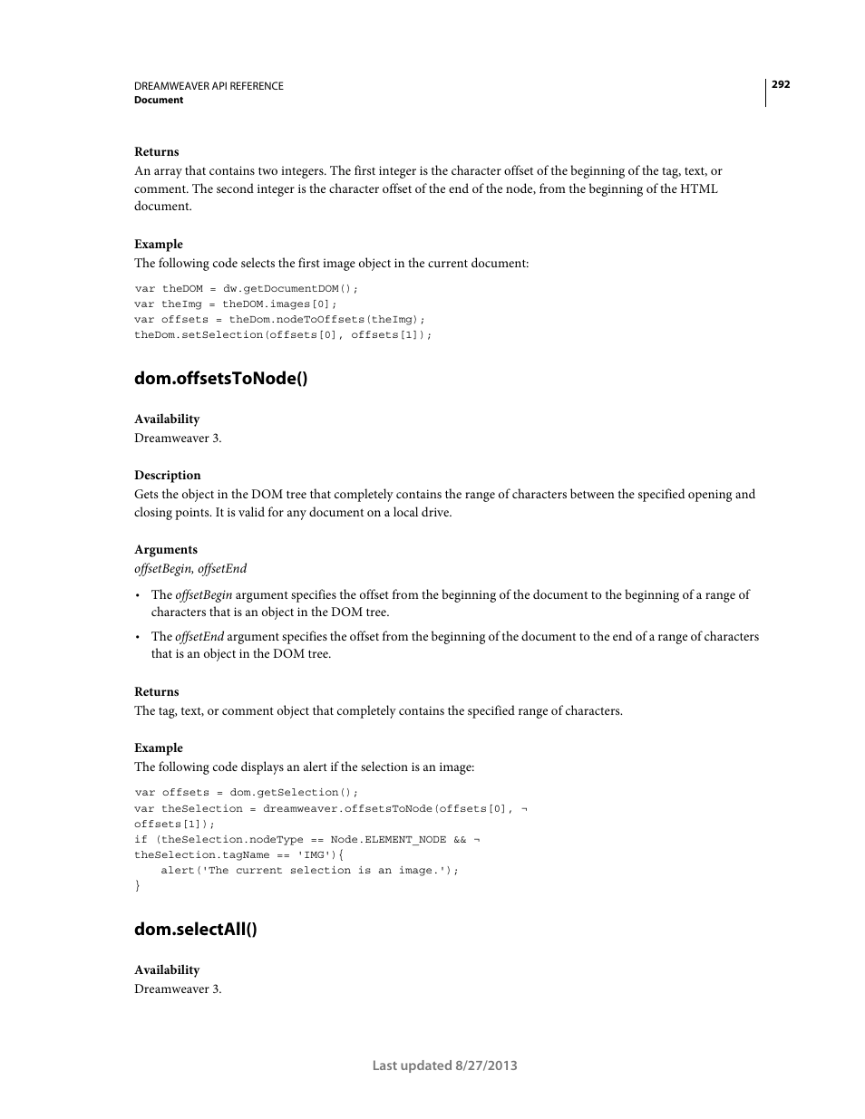 Dom.offsetstonode(), Dom.selectall() | Adobe Dreamweaver API Reference CS5 User Manual | Page 297 / 533