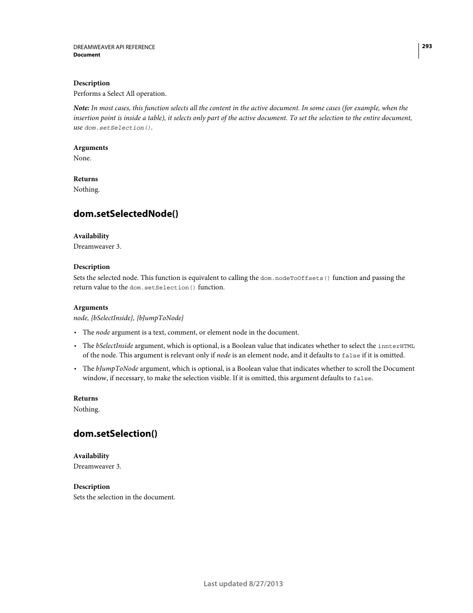 Dom.setselectednode(), Dom.setselection() | Adobe Dreamweaver API Reference CS5 User Manual | Page 298 / 533