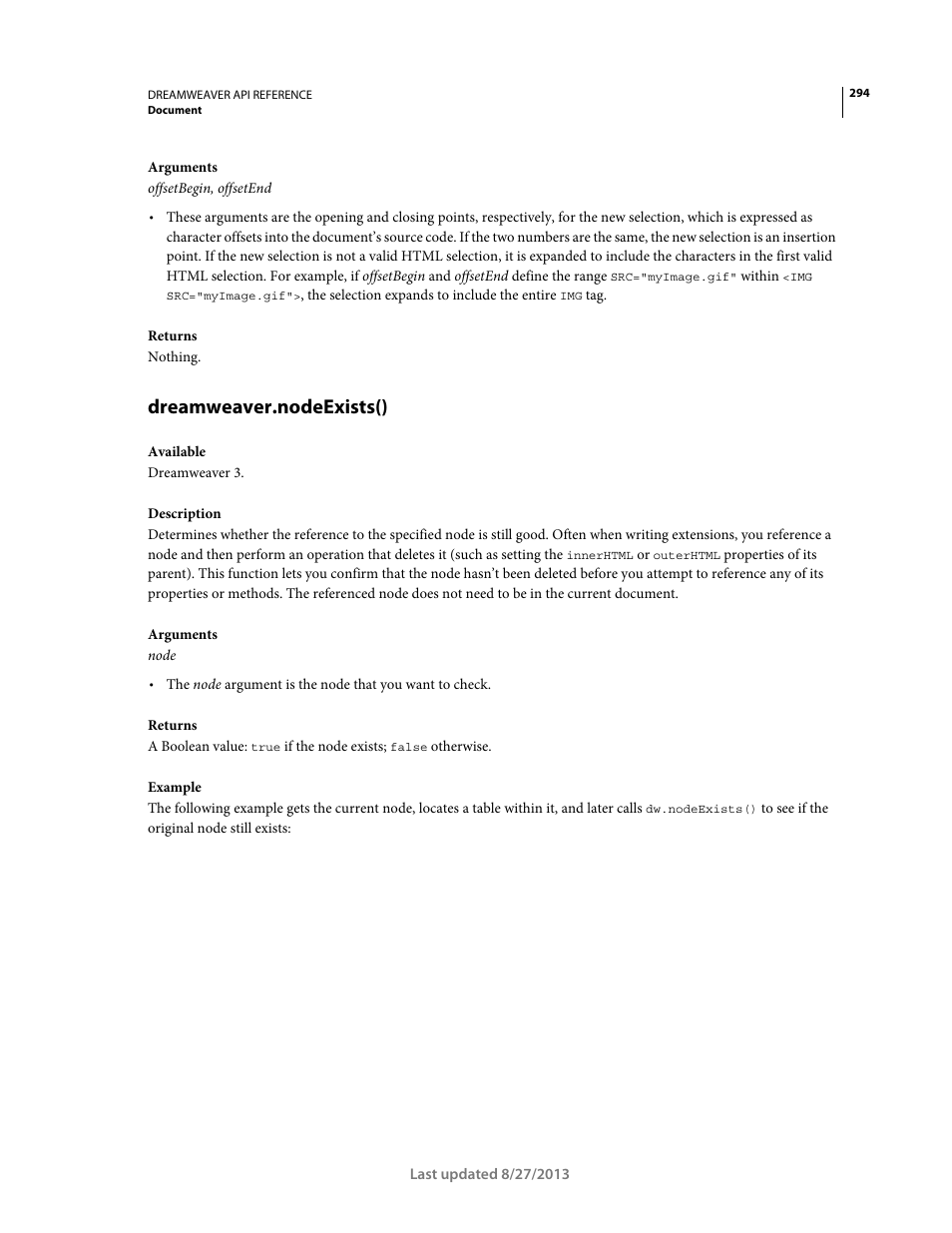 Dreamweaver.nodeexists() | Adobe Dreamweaver API Reference CS5 User Manual | Page 299 / 533